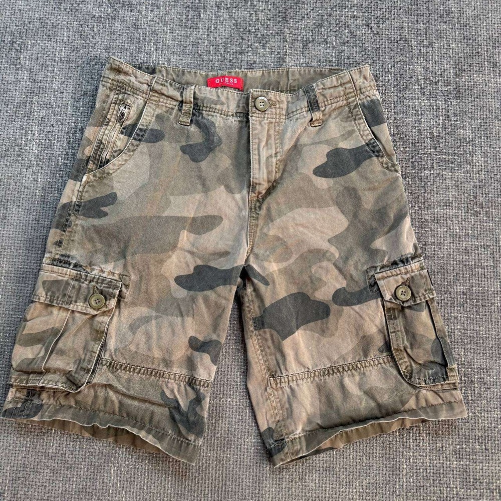 Guess Cargo Shorts Mens 31 Camo Green Woodland Tactical Y2K Multi-Pocket